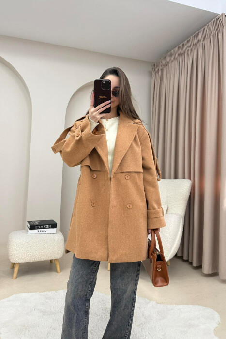 ONE COLOR BELT DETAIL WOMEN TRENCH COAT BROWN/KAFE - 3