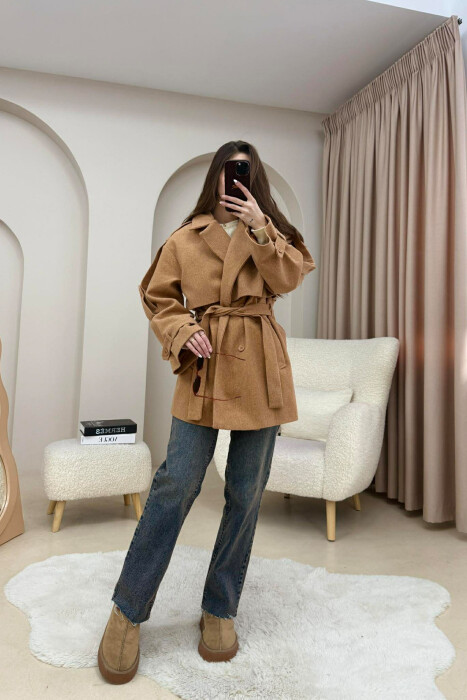 ONE COLOR BELT DETAIL WOMEN TRENCH COAT BROWN/KAFE - 4