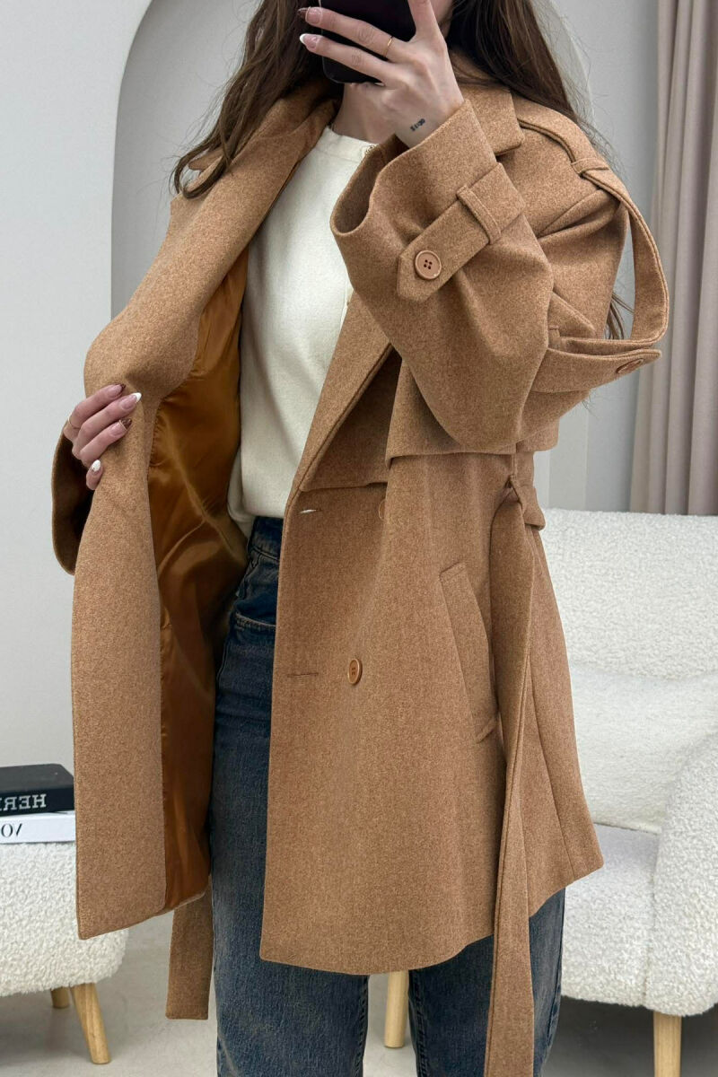 ONE COLOR BELT DETAIL WOMEN TRENCH COAT BROWN/KAFE - 5