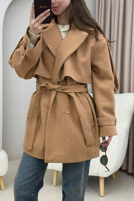ONE COLOR BELT DETAIL WOMEN TRENCH COAT BROWN/KAFE - 1