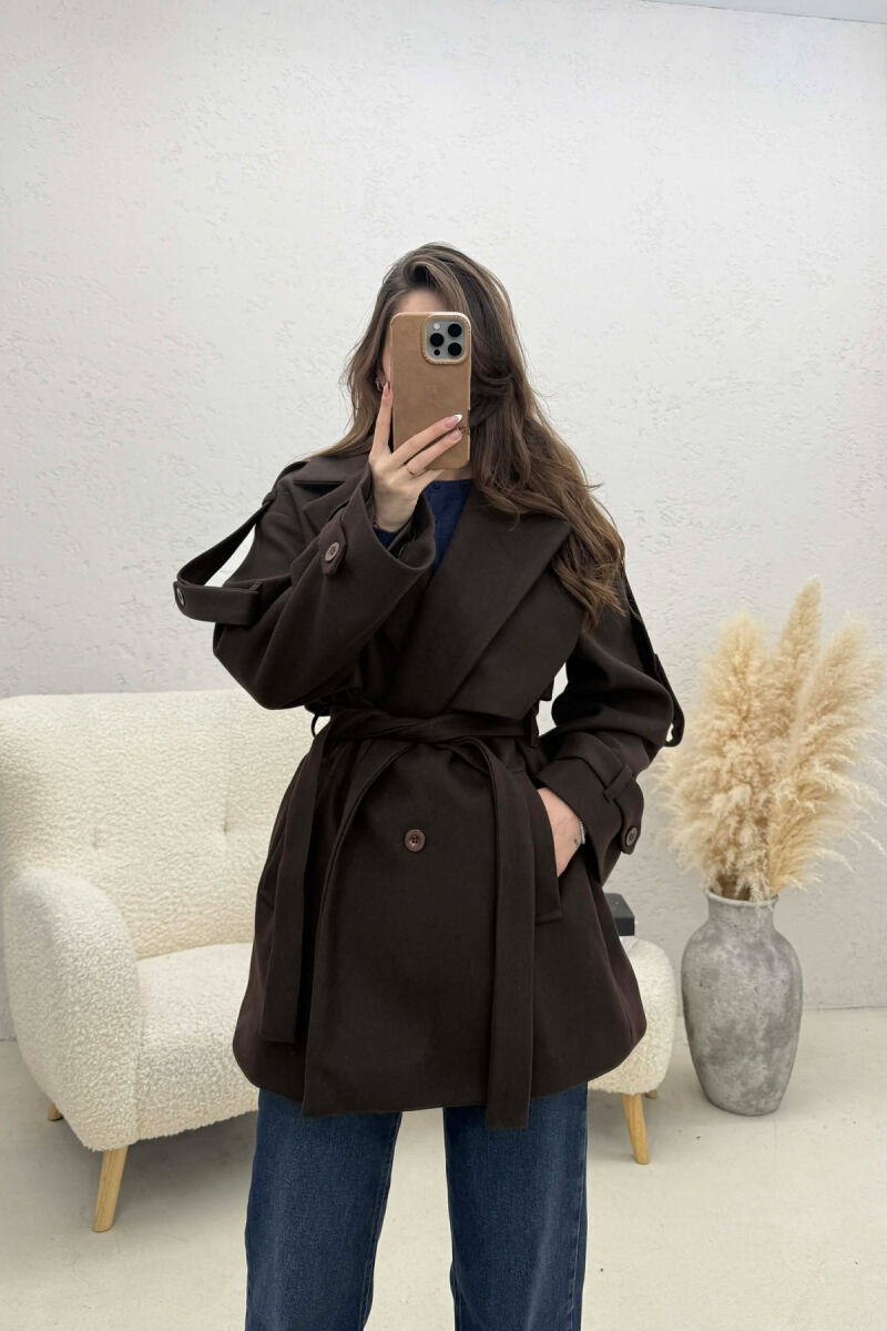 ONE COLOR BELT DETAIL WOMEN TRENCH COAT CHOCOLATE/COKOLLATE - 1