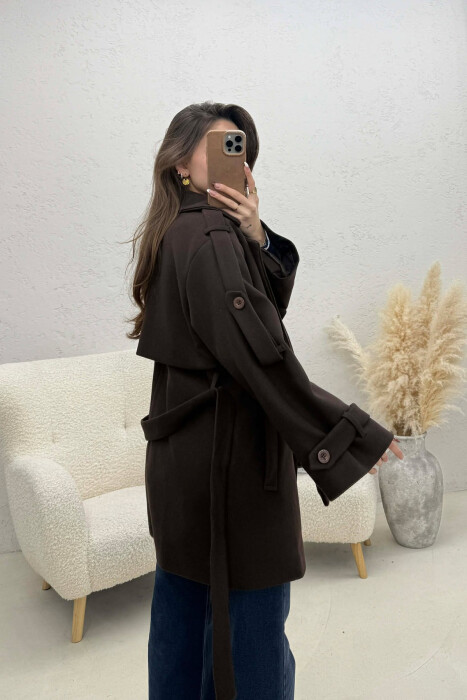 ONE COLOR BELT DETAIL WOMEN TRENCH COAT CHOCOLATE/COKOLLATE - 2
