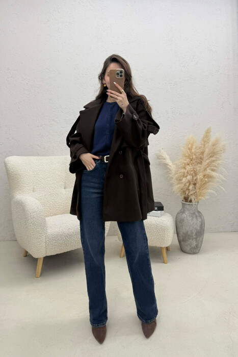 ONE COLOR BELT DETAIL WOMEN TRENCH COAT CHOCOLATE/COKOLLATE - 3