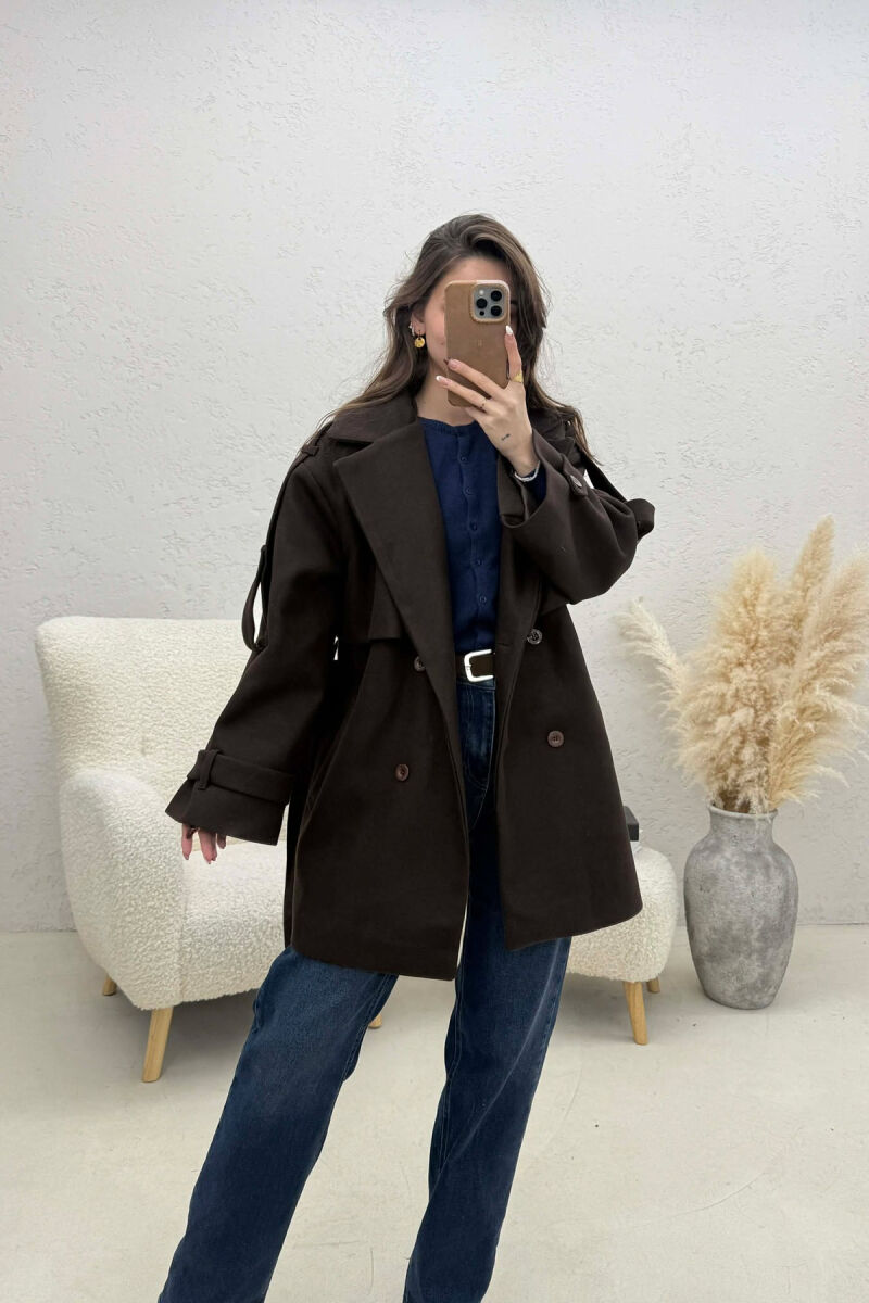 ONE COLOR BELT DETAIL WOMEN TRENCH COAT CHOCOLATE/COKOLLATE - 4