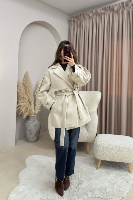 ONE COLOR BELT DETAIL WOMEN TRENCH COAT CREAM/KREM 