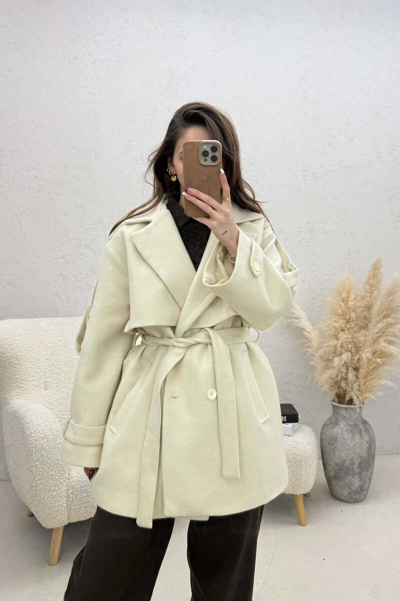 ONE COLOR BELT DETAIL WOMEN TRENCH COAT CREAM/KREM - 1