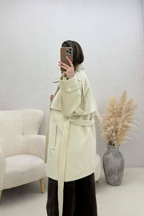 ONE COLOR BELT DETAIL WOMEN TRENCH COAT CREAM/KREM - 3