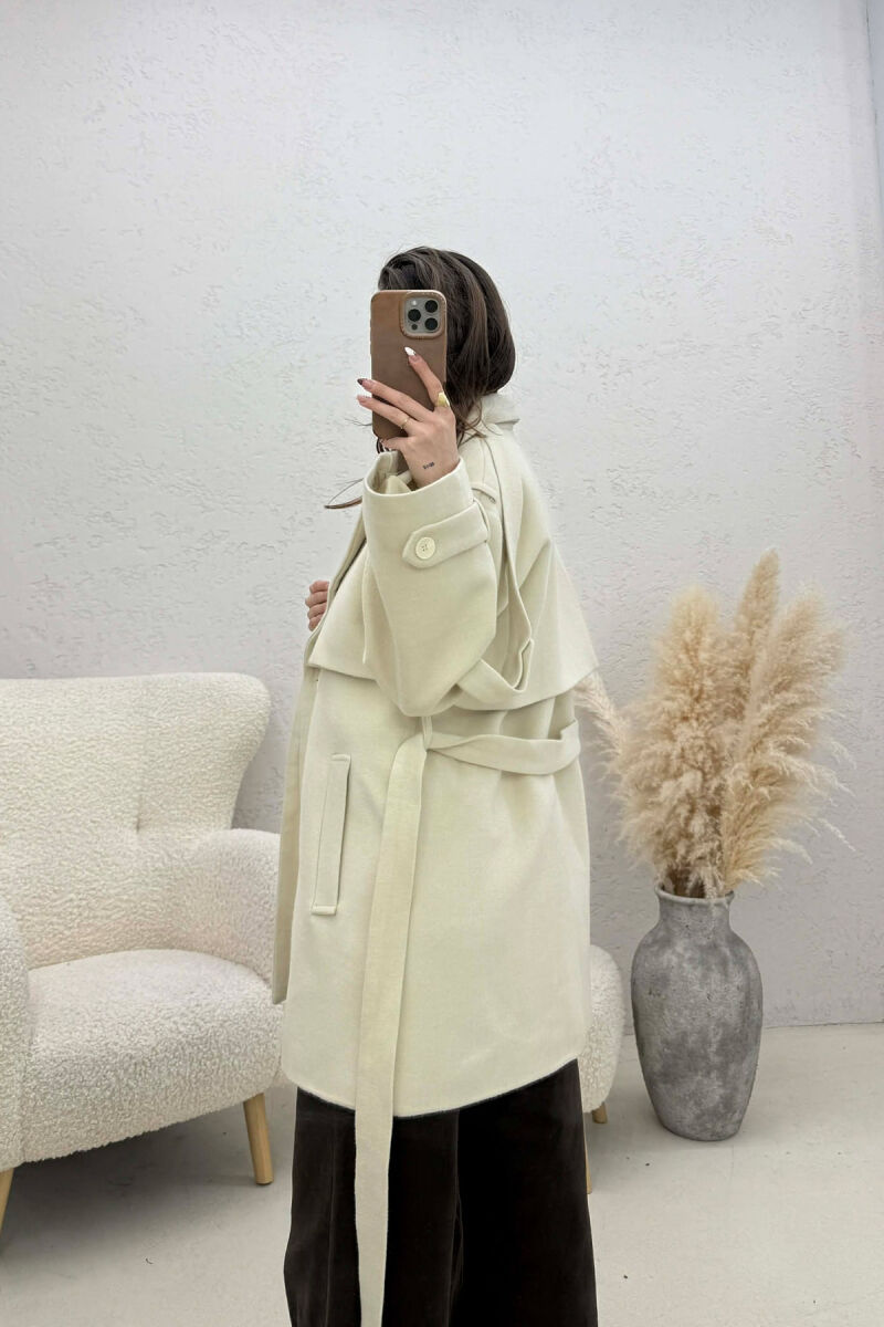 ONE COLOR BELT DETAIL WOMEN TRENCH COAT CREAM/KREM - 3
