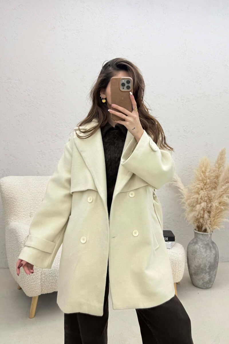 ONE COLOR BELT DETAIL WOMEN TRENCH COAT CREAM/KREM - 4