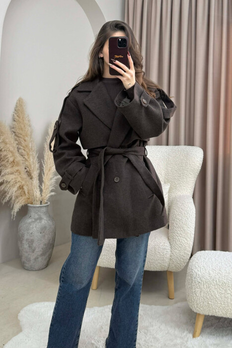 ONE COLOR BELT DETAIL WOMEN TRENCH COAT DARK BROWN/KAE - 1
