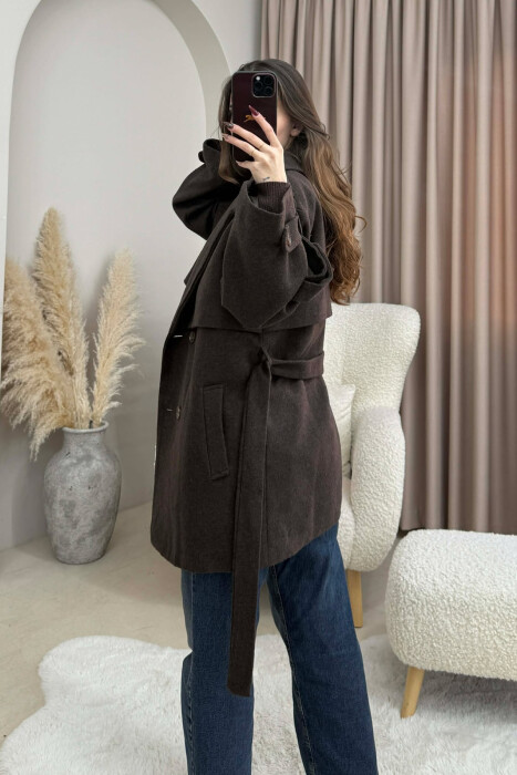 ONE COLOR BELT DETAIL WOMEN TRENCH COAT DARK BROWN/KAE - 2