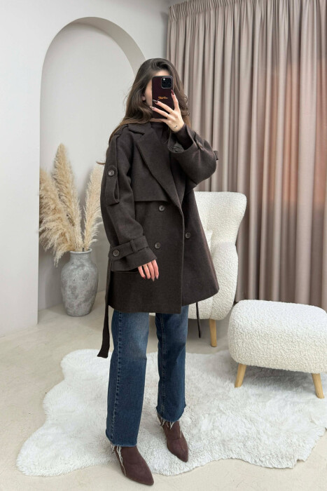 ONE COLOR BELT DETAIL WOMEN TRENCH COAT DARK BROWN/KAE - 3