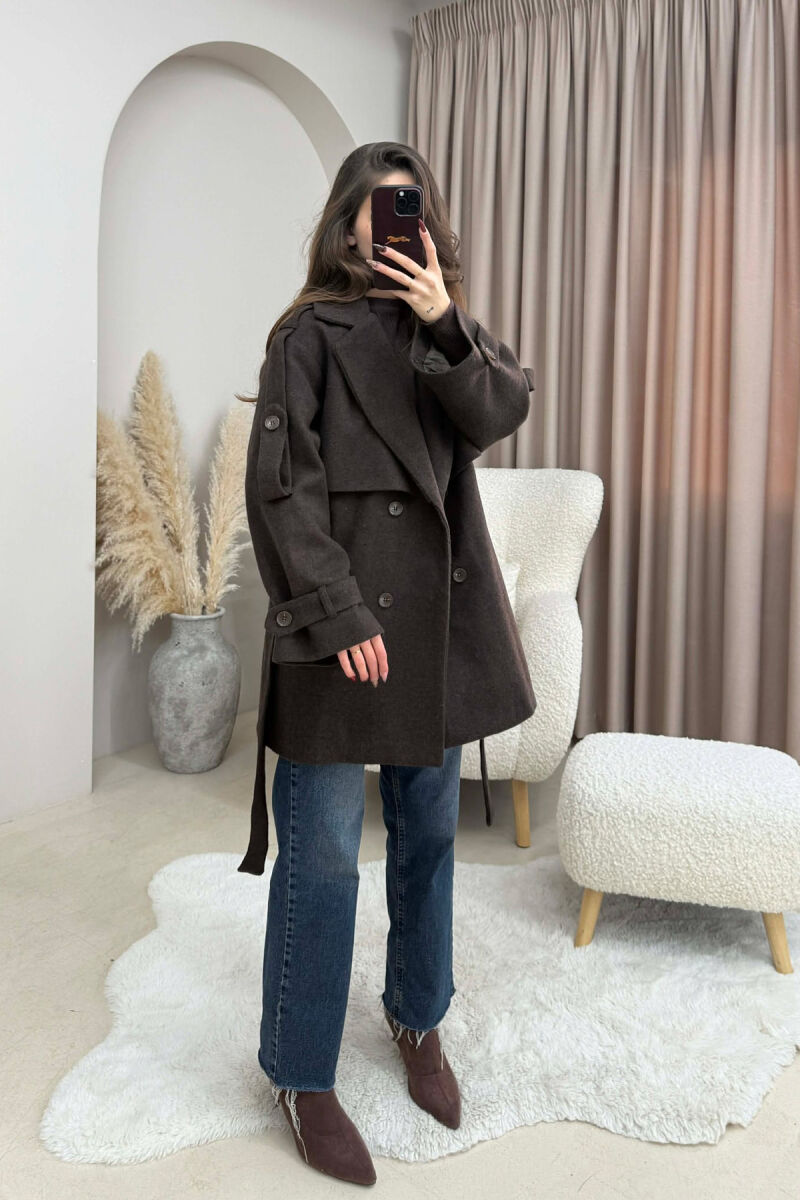 ONE COLOR BELT DETAIL WOMEN TRENCH COAT DARK BROWN/KAE - 3