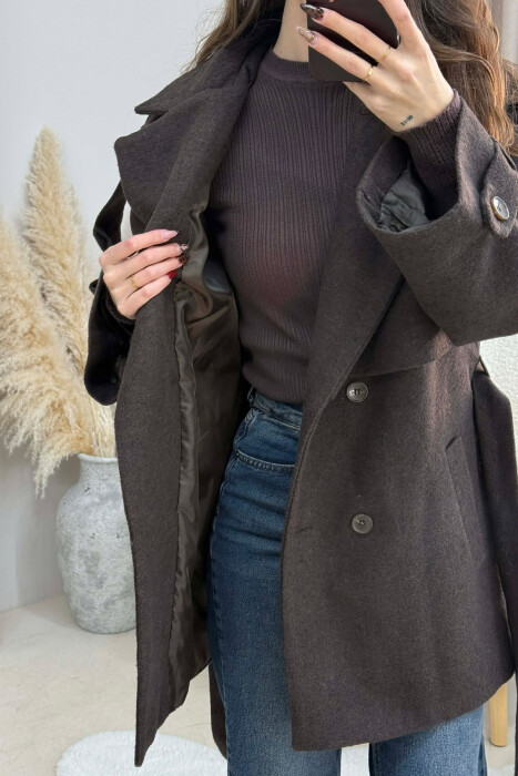 ONE COLOR BELT DETAIL WOMEN TRENCH COAT DARK BROWN/KAE - 4