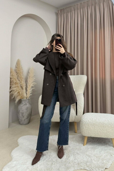 ONE COLOR BELT DETAIL WOMEN TRENCH COAT DARK BROWN/KAE - 5