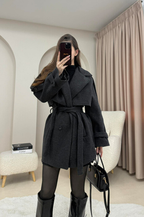 ONE COLOR BELT DETAIL WOMEN TRENCH COAT DARK GREY/GEE 