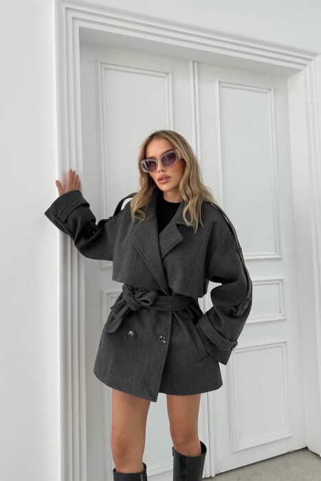 ONE COLOR BELT DETAIL WOMEN TRENCH COAT DARK GREY/GEE 