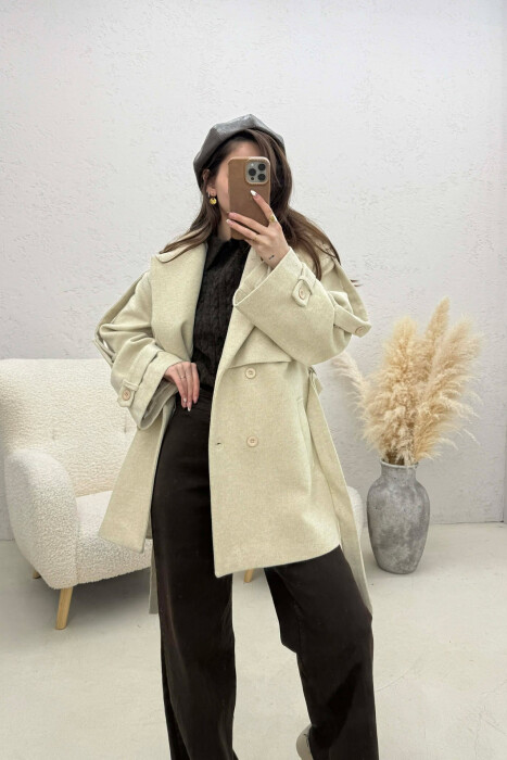 ONE COLOR BELT DETAIL WOMEN TRENCH COAT LIGHT BEIGE/BZHZB - 2