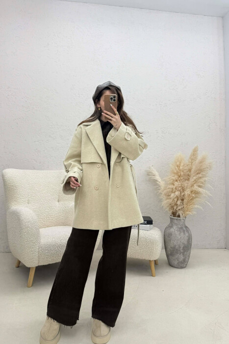 ONE COLOR BELT DETAIL WOMEN TRENCH COAT LIGHT BEIGE/BZHZB - 4