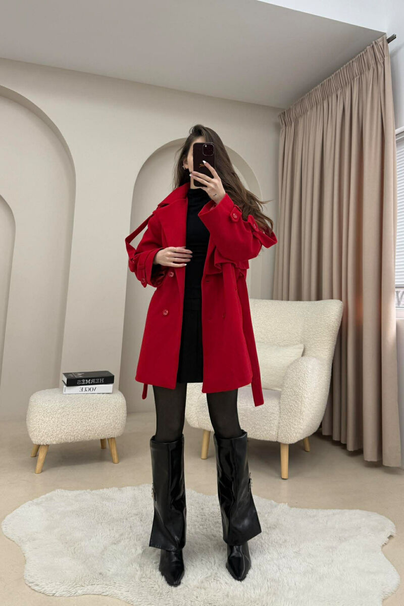 ONE COLOR BELT DETAIL WOMEN TRENCH COAT RED/E KUQE - 2