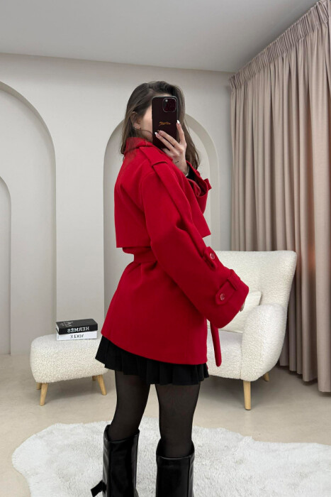 ONE COLOR BELT DETAIL WOMEN TRENCH COAT RED/E KUQE - 3
