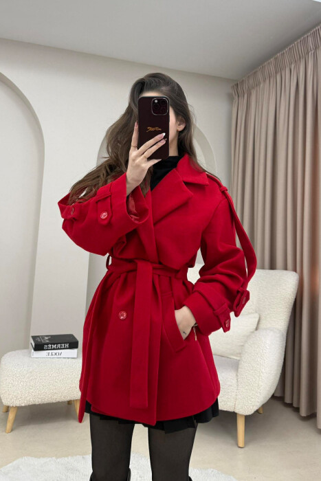 ONE COLOR BELT DETAIL WOMEN TRENCH COAT RED/E KUQE - 1