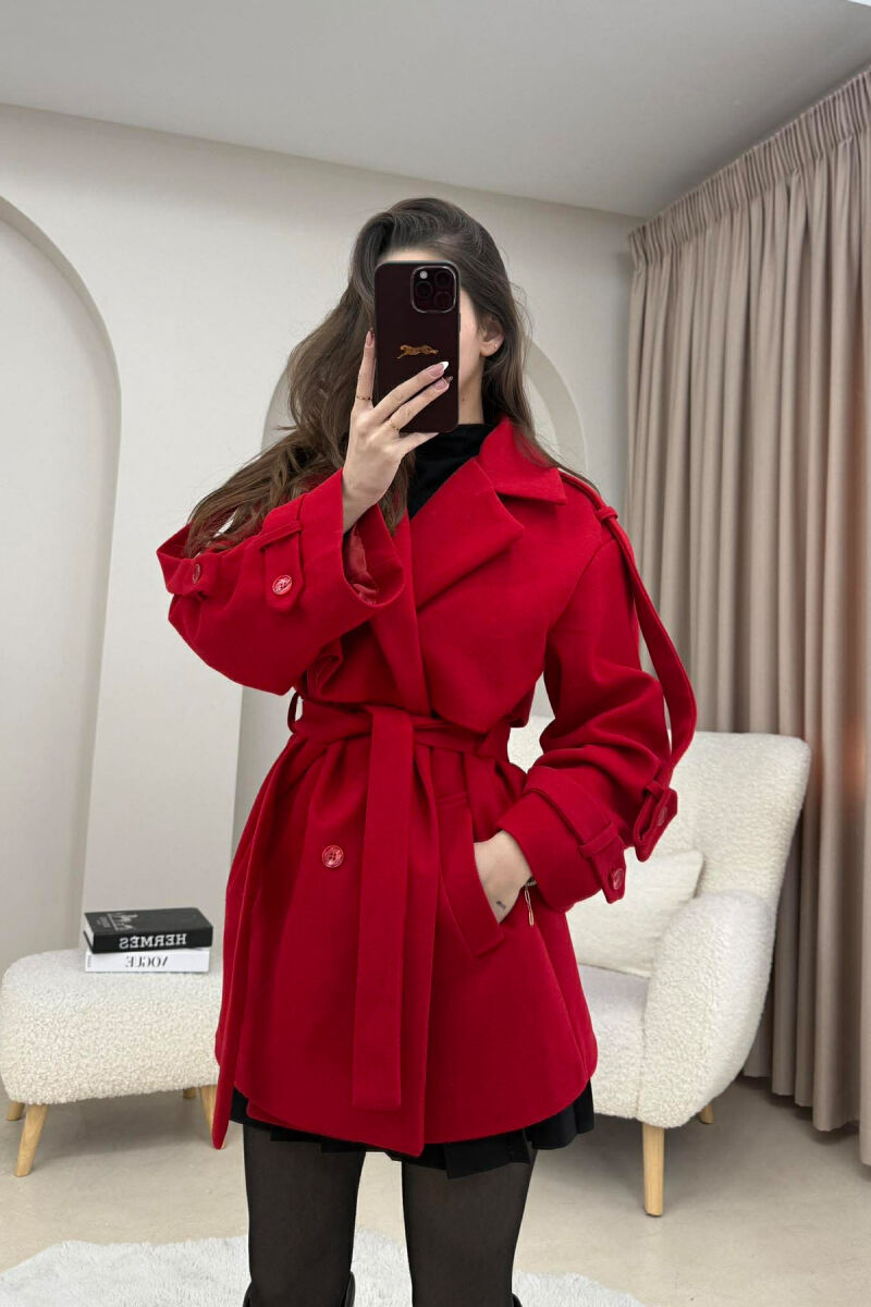 ONE COLOR BELT DETAIL WOMEN TRENCH COAT RED/E KUQE - 1