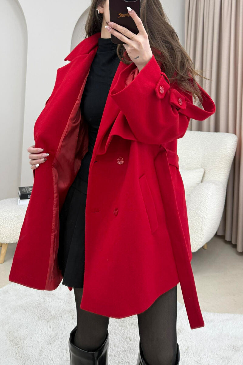 ONE COLOR BELT DETAIL WOMEN TRENCH COAT RED/E KUQE - 4