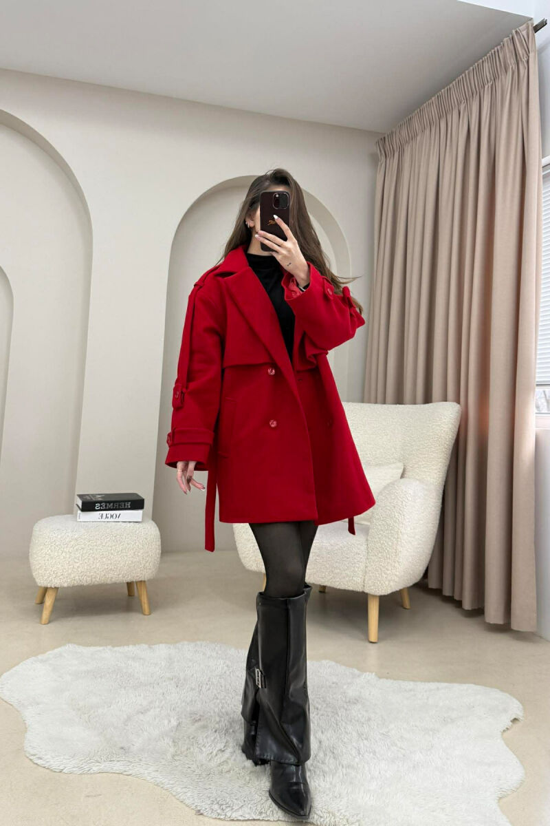 ONE COLOR BELT DETAIL WOMEN TRENCH COAT RED/E KUQE - 5