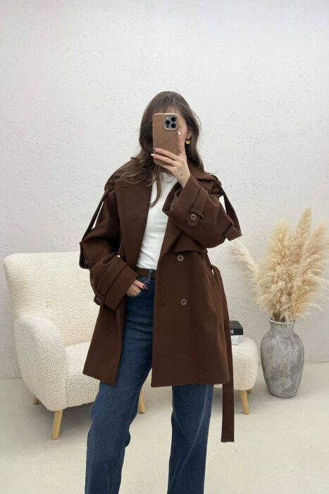 ONE COLOR BELT DETAIL WOMEN TRENCH COAT SIENNA - 2