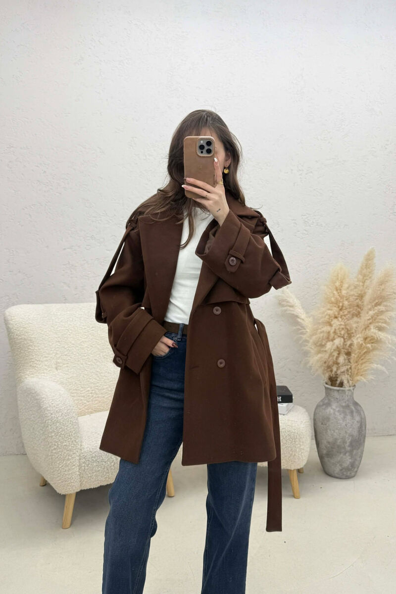 ONE COLOR BELT DETAIL WOMEN TRENCH COAT SIENNA - 2