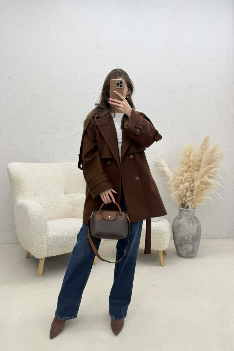 ONE COLOR BELT DETAIL WOMEN TRENCH COAT SIENNA - 3