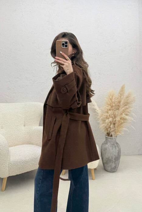 ONE COLOR BELT DETAIL WOMEN TRENCH COAT SIENNA - 4