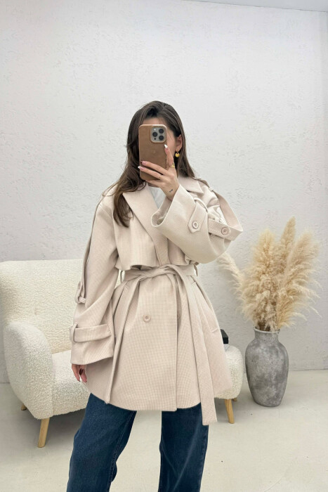 ONE COLOR BELT DETAIL WOMEN TRENCH COAT WHITE-BEIGE/BABZH - KLAUDIO FASHION