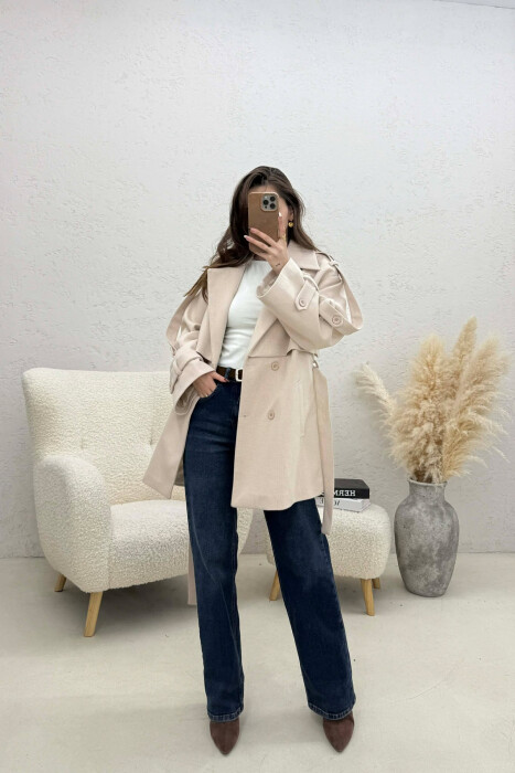 ONE COLOR BELT DETAIL WOMEN TRENCH COAT WHITE-BEIGE/BABZH - 3