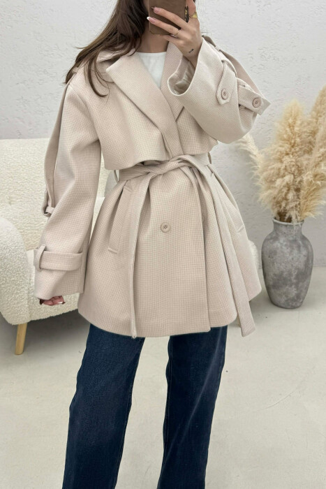 ONE COLOR BELT DETAIL WOMEN TRENCH COAT WHITE-BEIGE/BABZH - 4