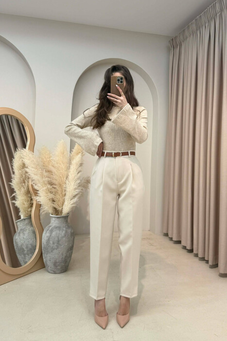 ONE COLOR BELT DETAIL WOMEN TROUSERS BEIGE/BEZHE - KLAUDIO FASHION