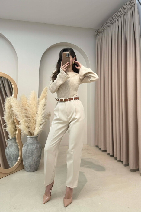 ONE COLOR BELT DETAIL WOMEN TROUSERS BEIGE/BEZHE - 2