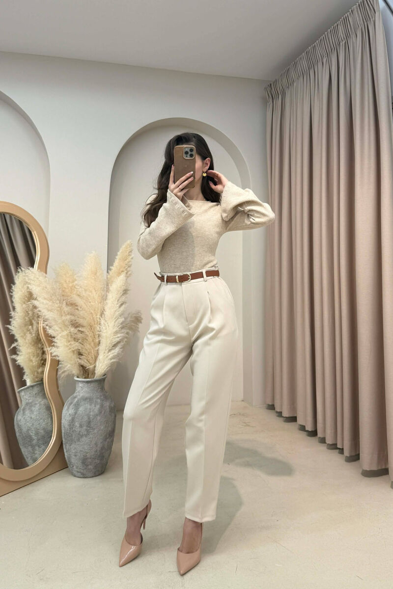 ONE COLOR BELT DETAIL WOMEN TROUSERS BEIGE/BEZHE - 2