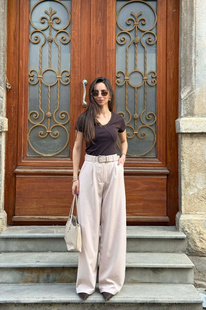 ONE COLOR BELT DETAIL WOMEN TROUSERS BEIGE/BEZHE - 1