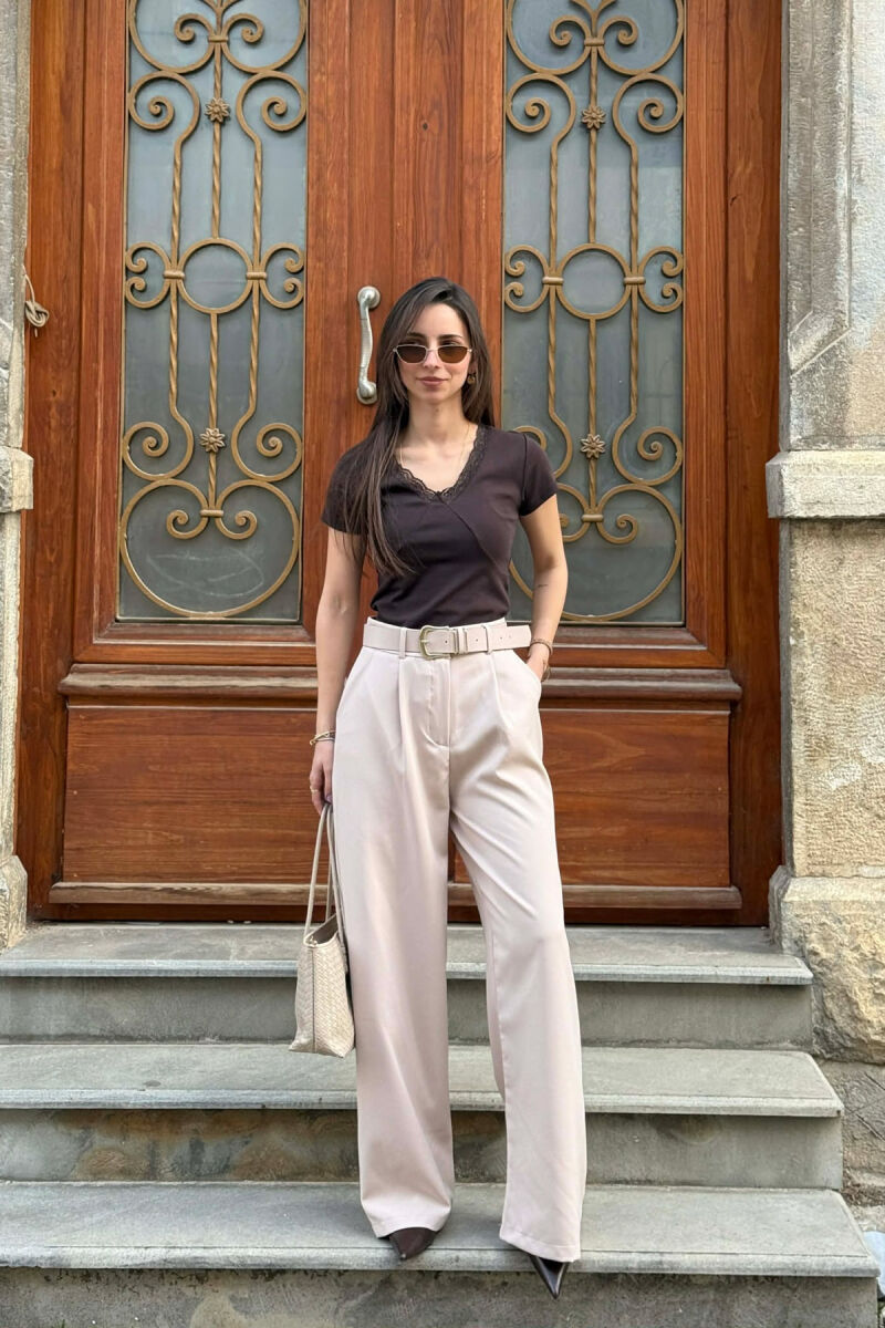 ONE COLOR BELT DETAIL WOMEN TROUSERS BEIGE/BEZHE - 4