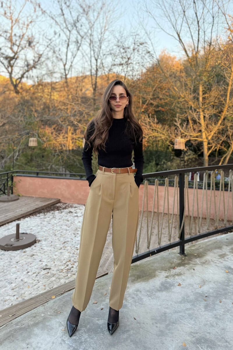 ONE COLOR BELT DETAIL WOMEN TROUSERS BEIGE/BEZHE - 1