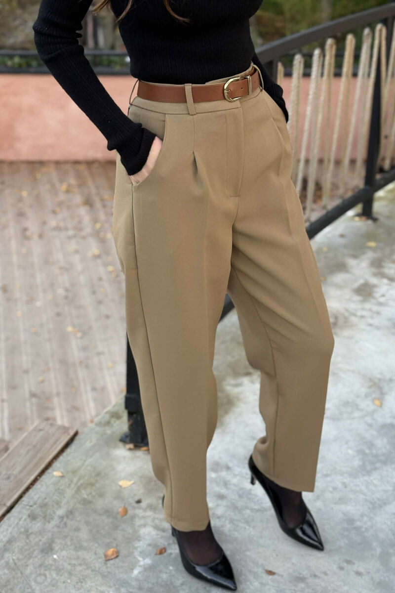 ONE COLOR BELT DETAIL WOMEN TROUSERS BEIGE/BEZHE - 2