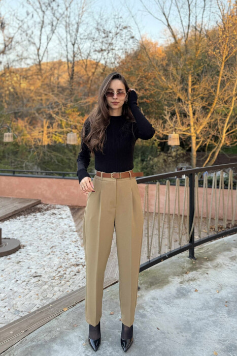 ONE COLOR BELT DETAIL WOMEN TROUSERS BEIGE/BEZHE - 3