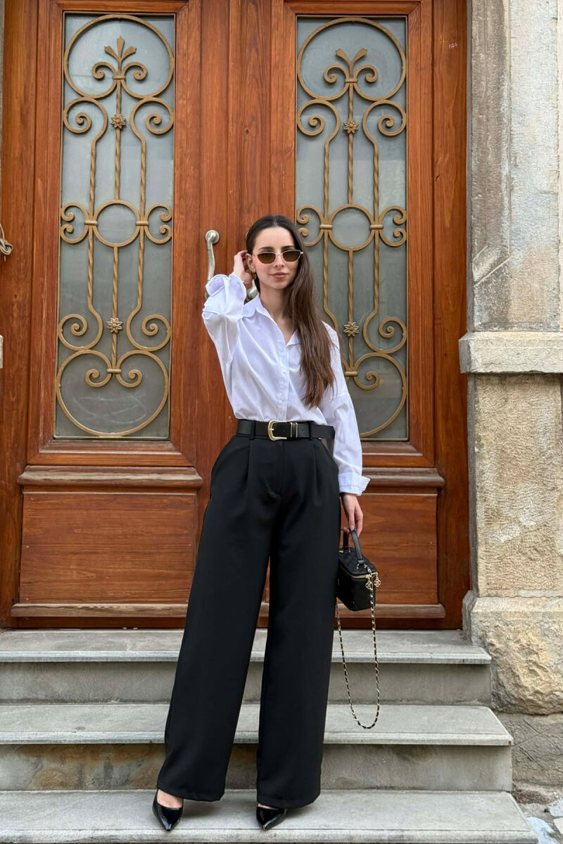 ONE COLOR BELT DETAIL WOMEN TROUSERS BLACK/ E ZEZE - 1