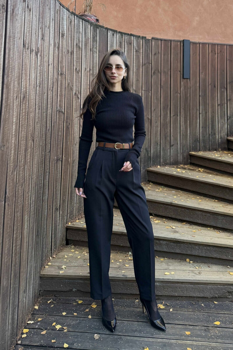 ONE COLOR BELT DETAIL WOMEN TROUSERS BLACK/ E ZEZE - 1