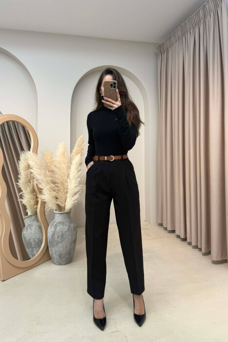 ONE COLOR BELT DETAIL WOMEN TROUSERS BLACK/ E ZEZE 