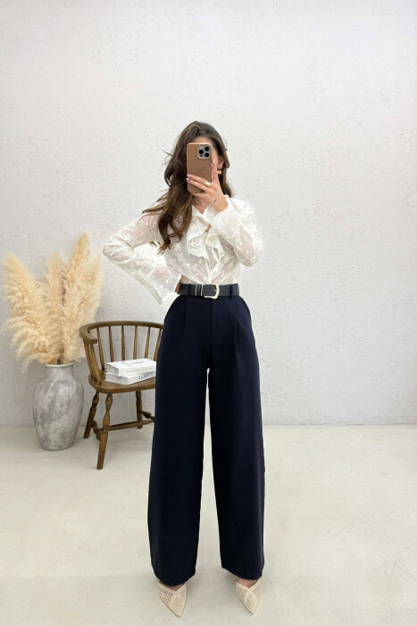 ONE COLOR BELT DETAIL WOMEN TROUSERS BLUE/BLU 
