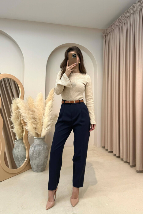 ONE COLOR BELT DETAIL WOMEN TROUSERS BLUE/BLU - KLAUDIO FASHION