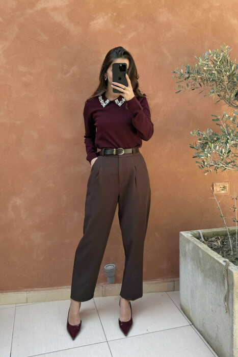 ONE COLOR BELT DETAIL WOMEN TROUSERS BROWN/KAFE 